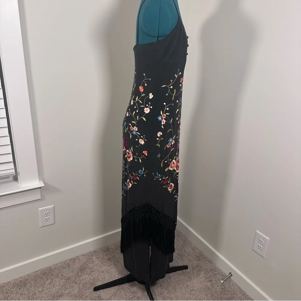 Sue Wong Vintage Black Silk Maxi Dress with Floral Embroidery & Fringe - Picture 8 of 16